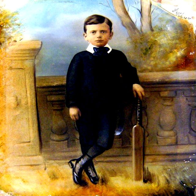 An original full-length portrait of a young boy, holding a cricket bat, apparently painted on a photographic base.