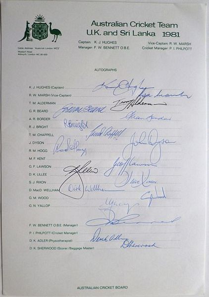 An official autograph sheet signed by fifteen members of the Australian team which toured England and Sri Lanka in 1981.