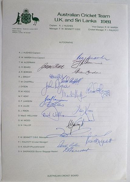 An official autograph sheet signed by fifteen members of the Australian team which toured England and Sri Lanka in 1981.