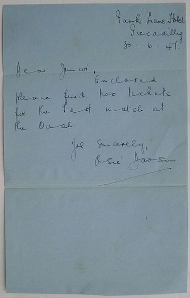 A one page signed autograph letter from O.C. Dawson to an unnamed correspondent, addressed Junior. Headed Park Lane Hotel, Piccadilly, London, and dated 30th June, 1947.