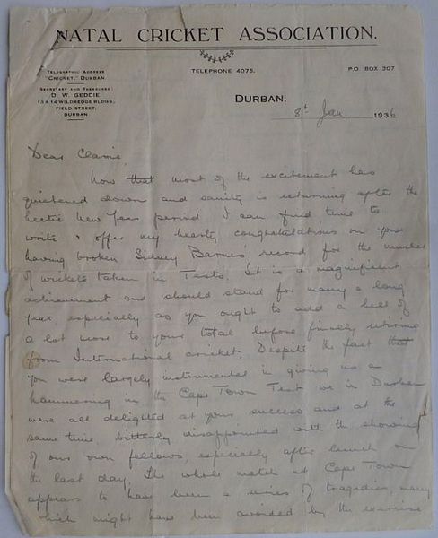 A very interesting three page signed autograph letter in pencil from the Secretary of the Natal Cricket Association Doug Geddie, signed 'Doug', to C.V. Grimmett.