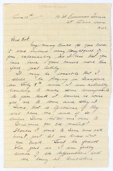 An interesting two page autograph letter (signed Wal) from W.R. Hammond, to an unnamed correspondent. Headed 10 St. Edmunds Terrace, St. John's Wood, NW8. Dated June 19th (c.1940).