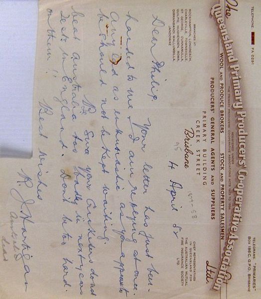 A one page signed autograph letter from R.J. Hartigan to Philip.  Dated 4th April 1952.