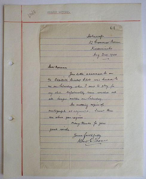 A one page autograph letter, signed, from Albert E. Thomas to an unnamed correspondent. Dated 21st August 1944.