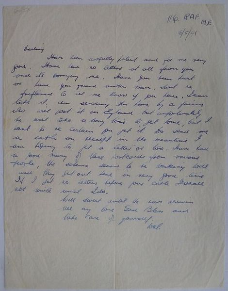 A one page autograph letter (signed 'Wal') from Walter Hammond to his wife. Headed H.Q. RAF and dated 16th May 1941.
