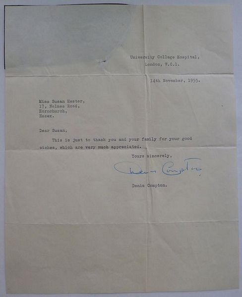 A one page typed letter, signed, from Denis Compton to Miss Susan Hester. On notepaper headed University College Hospital, W.C.1. Dated 14th November 1955.