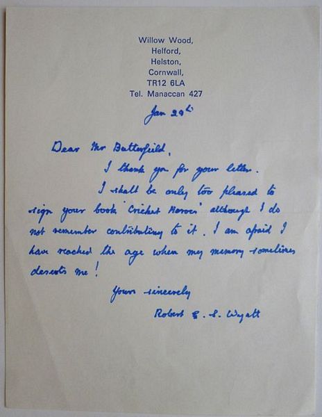 A one page signed autograph letter from R.E.S. Wyatt to Mr. Butterfield. Dated January 20.