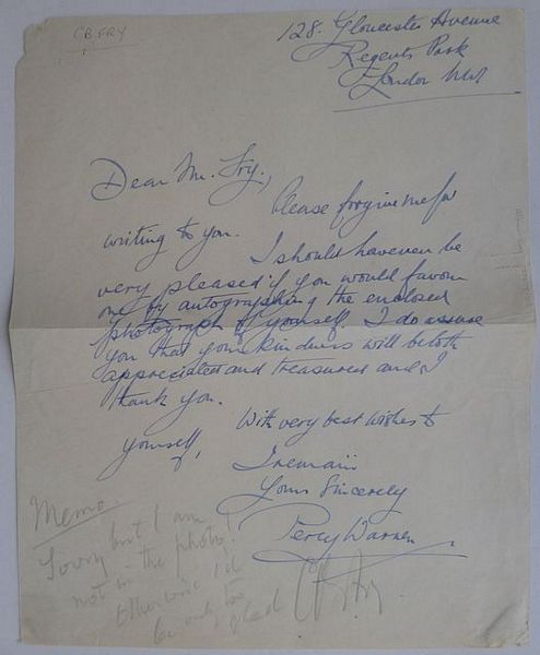 A one page autograph letter from Percy Warren to C.B. Fry, asking Fry for an autograph.