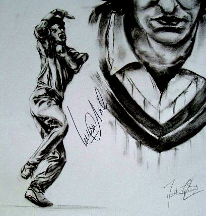 An original head and shoulders print of the Lancashire and Pakistan all-rounder Wasim Akram, comprising a head and shoulders illustration, with a smaller action drawing of Akram by Martin Speight.