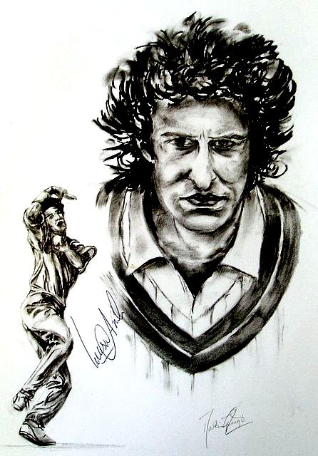 An original head and shoulders print of the Lancashire and Pakistan all-rounder Wasim Akram, comprising a head and shoulders illustration, with a smaller action drawing of Akram by Martin Speight.