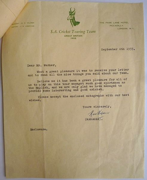 A one page typed letter, signed, from K.G. Viljoen to H.W. Warner. On Park Lane Hotel headed notepaper, addressed Piccadilly W.1. Dated 4th September 1955.