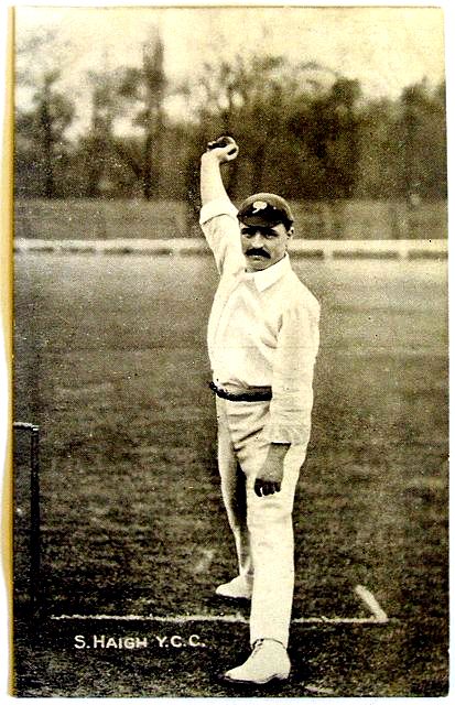 An original full-length postcard photograph of Schofield Haigh at the wicket, bowling.