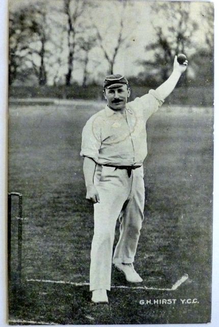 An original full-length postcard photograph of George Hirst bowling.