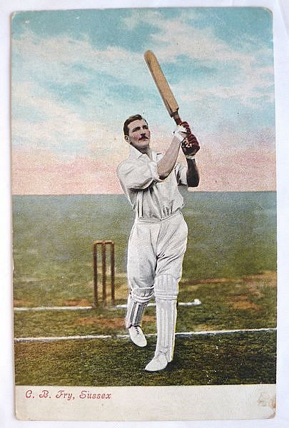 An original full-length colour postcard photograph of C.B. Fry batting.