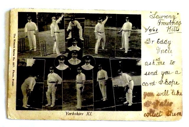 An original postcard photograph of the 1903 Yorkshire cricket team, showing a full length image of ten players, and head and shoulders of four players.