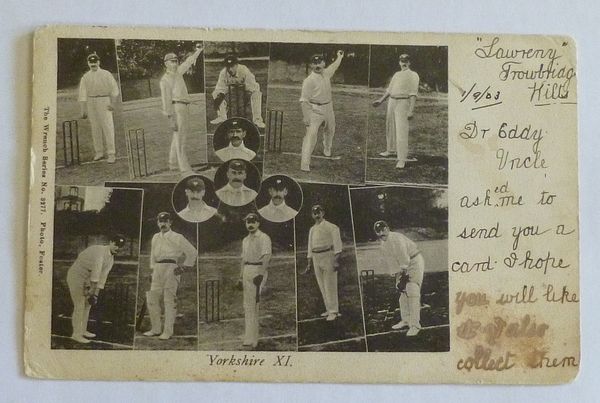 An original postcard photograph of the 1903 Yorkshire cricket team, showing a full length image of ten players, and head and shoulders of four players.
