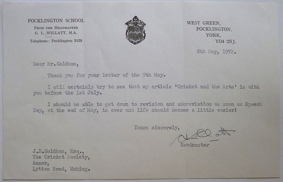 A one page typed letter, signed, from G.L. Willatt to J.D. Coldham. Headed Pocklington School, York. Dated 8th May 1972.