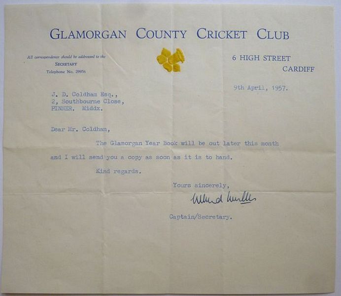 A one page typed letter, signed, from Wilf. Wooller to J.D. Coldham. On official Glamorgan County Cricket Club headed notepaper. Dated 9th April 1957.