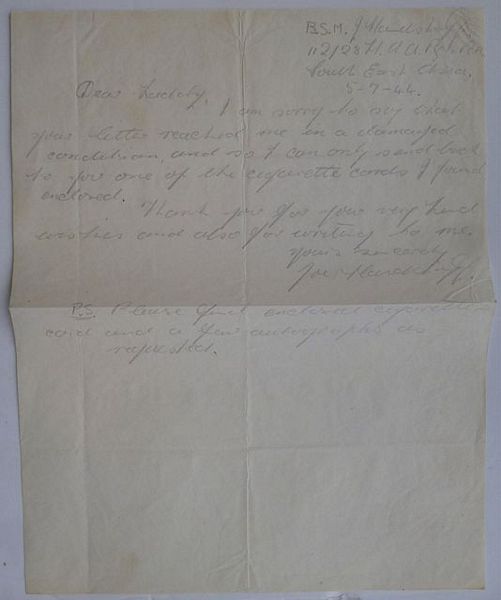 A one page signed autograph letter in pencil, from Joe Hardstaff (Jnr) to an unnamed correspondent. Headed South East Asia. Dated 5th July 1944.