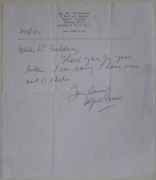 A short signed autograph letter from Alf Gover to Mr. Fielding.