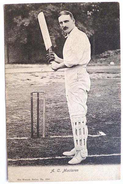 An original full-length postcard photograph of Archie MacLaren at the wicket, bat raised.