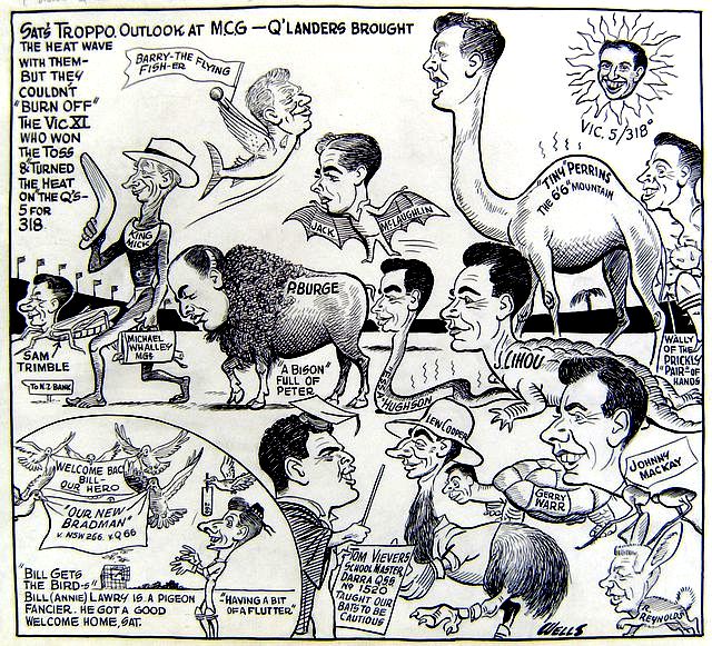 A sheet of card bearing a series of original pen and ink caricature drawings, by Sam Wells in 1961, signed by the artist.