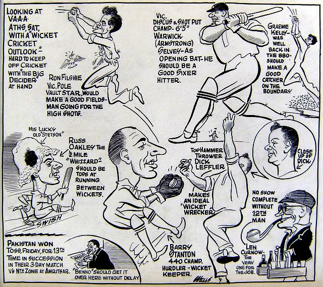 A sheet of card bearing a series of original pen and ink caricature drawings, by Sam Wells, signed by the artist.