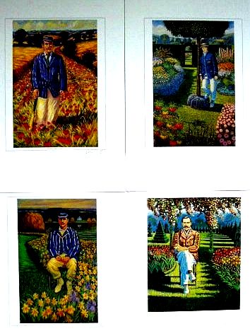 A set of four full-length colour prints, by Gerry Wright, of cricketers from the Golden Age.