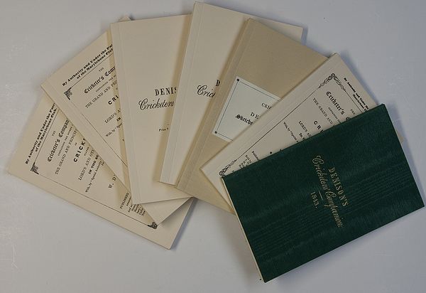 A COMPLETE SET OF FACSIMILE REPRINTS OF ALL SIX EDITIONS OF DENISON'S CRICKETERS' COMPANION, FOR THE YEARS 1843, 1843 (SECOND EDITION), 1844, 1845, 1846 AND 1847.
TOGETHER WITH A FACSIMILE REPRINT OF DENISON'S SKETCHES OF THE PLAYERS, first published in 1846.
TOGETHER WITH A VOLUME OF COMMENTARY ON EACH EDITION, TITLED: THE ESSENTIAL DENISON BY DAVID RAYVERN ALLEN.
8vo. 206pp. Folding frontispiece, three folding plates and other text illustrations.