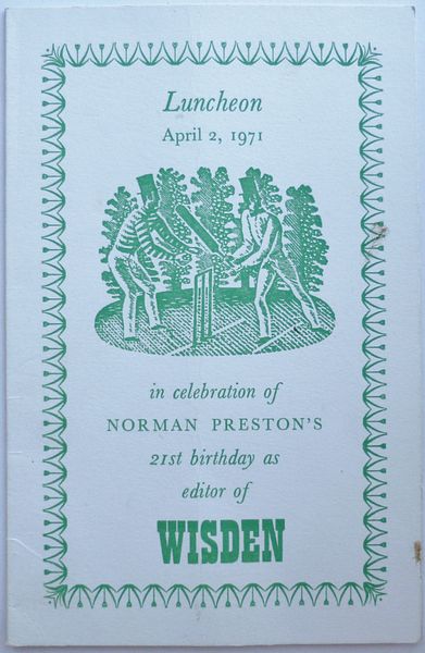 A menu for a luncheon held by Wisden at The Committee Room, Lord's Cricket Ground, London, on 2nd April 1971 in celebration of Norman Preston's 21st anniversary as editor of Wisden Cricketers' Almanack.