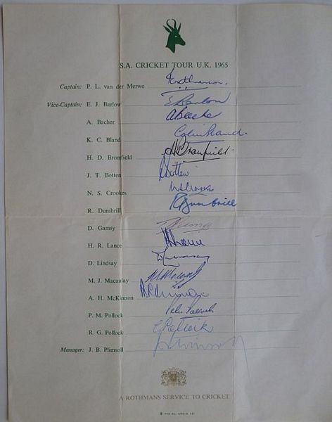 An official autograph sheet signed in ink by all fifteen members of the South African team which toured England in 1965, and the manager J.B. Plimsoll.