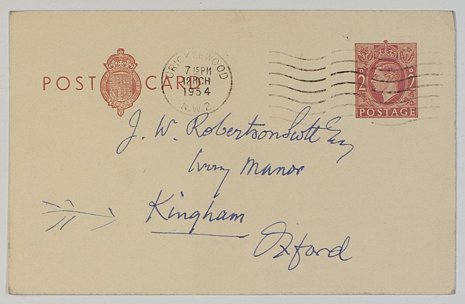 An original signed postcard from C.B. Fry to J.W. Robertson-Scott. Addressed in Fry's hand and stamped. Dated 12th March 1954.