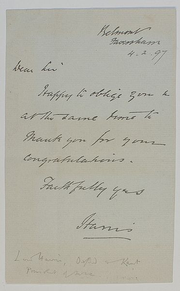 A one page signed autograph letter from Lord Harris to an unnamed correspondent. Headed Belmont, Faversham. Dated 4th February 1897.
