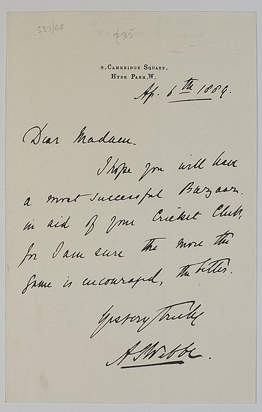 An interesting one page signed autograph letter from A.J. Webbe to an unnamed correspondent. Headed 9 Cambridge Square, Hyde Park. Dated 6th April 1889.